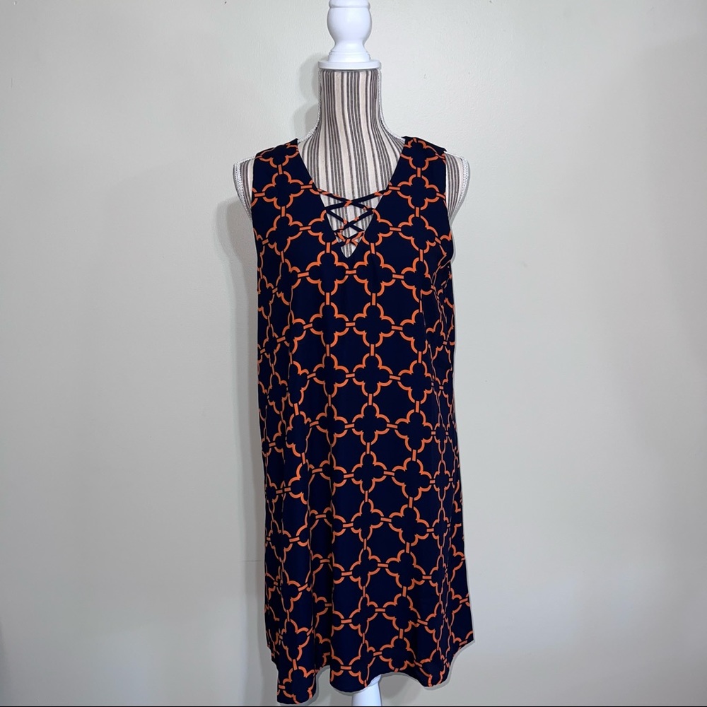 NWT Pink Owl Orange/Blue Criss Criss Chest Design Above Knee Dress - Size Large